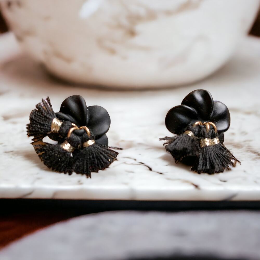 Shiraleah Fleur Flower Tassel Boho Stud Earrings Black